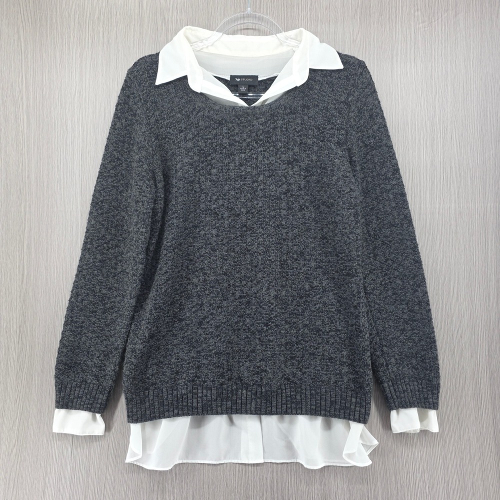 AB Studio Layered Sweater Blouse Gray White Collared Preppy Womens Large